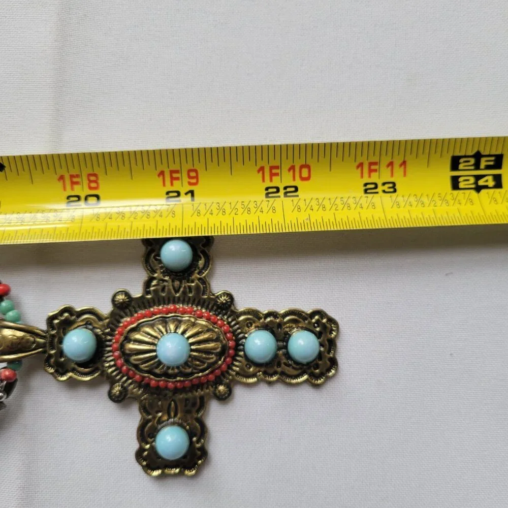 Southwestern-Style Turquoise &Coral color Beaded Cross Necklace